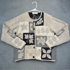 Orvis‎ Cardigan Sweater Womens Small Gray Beige Knit Floral Ramie Cotton Button